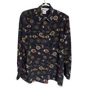 Classic Vintage Button Down Shirt Navy Pocket Watch Print Long Sleeve Blouse